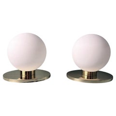 Vintage Pair Of Italian Table Lamps With Brass Base And Opaline Glass Sphere
