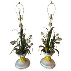 Vintage Pair of Italian Tole Flowers Urn Table Lamps Newly Wired