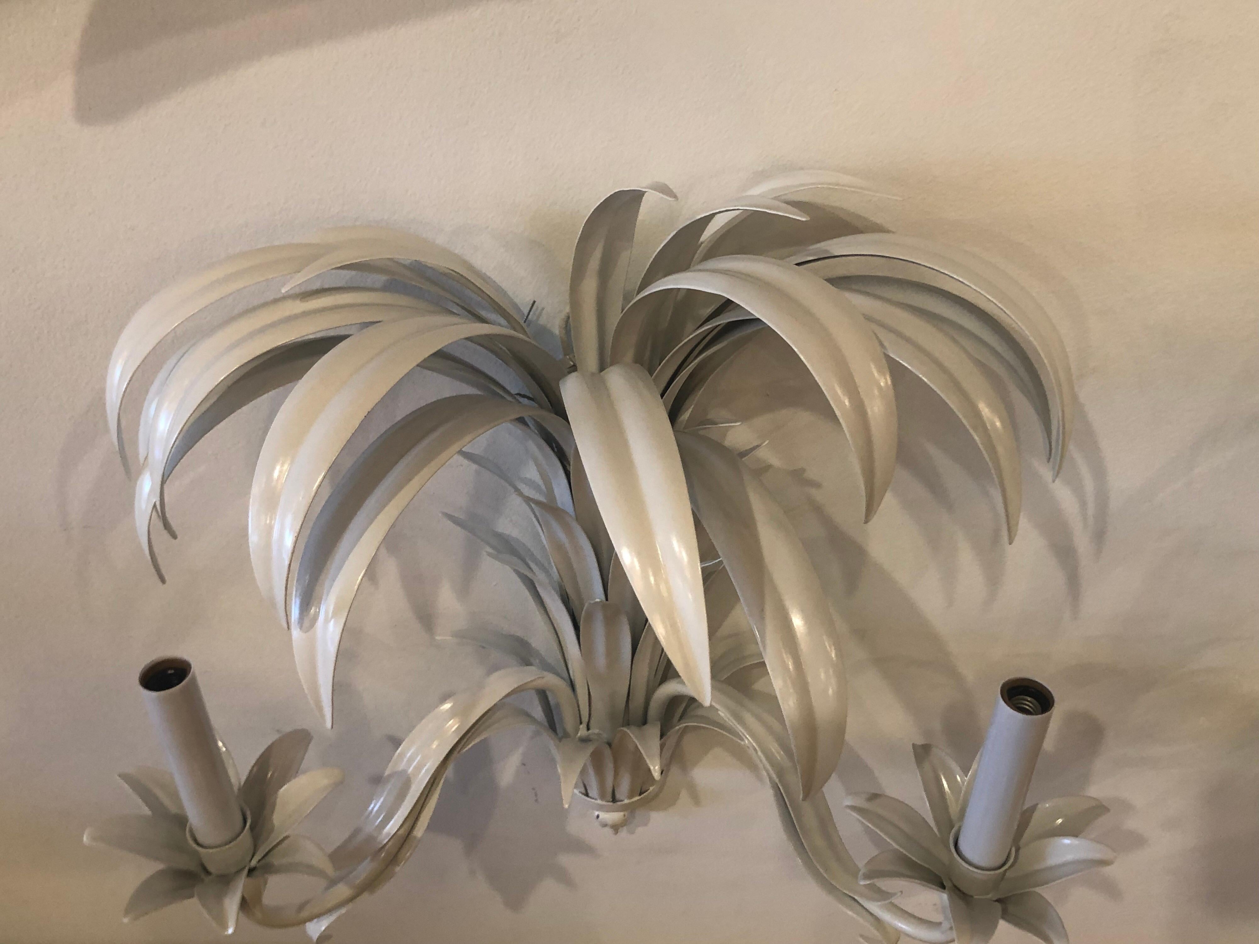 Vintage Pair of Italian Tole Metal Palm Frond Leaf Wall Sconces 1