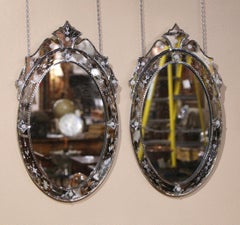 Vintage Pair of Italian Venetian Oval Wall Mirrors with Painted Floral Etching