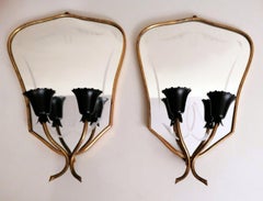 Vintage Pair of Italian Wall Sconces with Grindstone Decorated Mirror