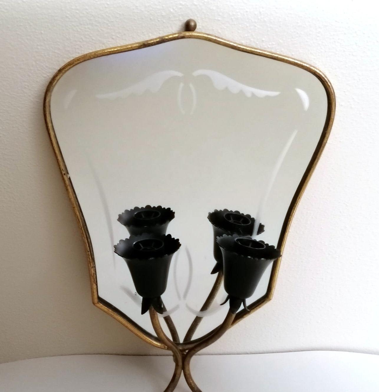 Metal Vintage Pair of Italian Wall Sconces with Grindstone Decorated Mirror