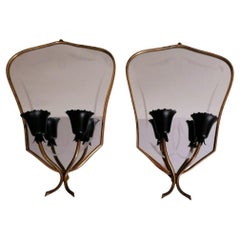 Vintage Pair of Italian Wall Sconces with Grindstone Decorated Mirror