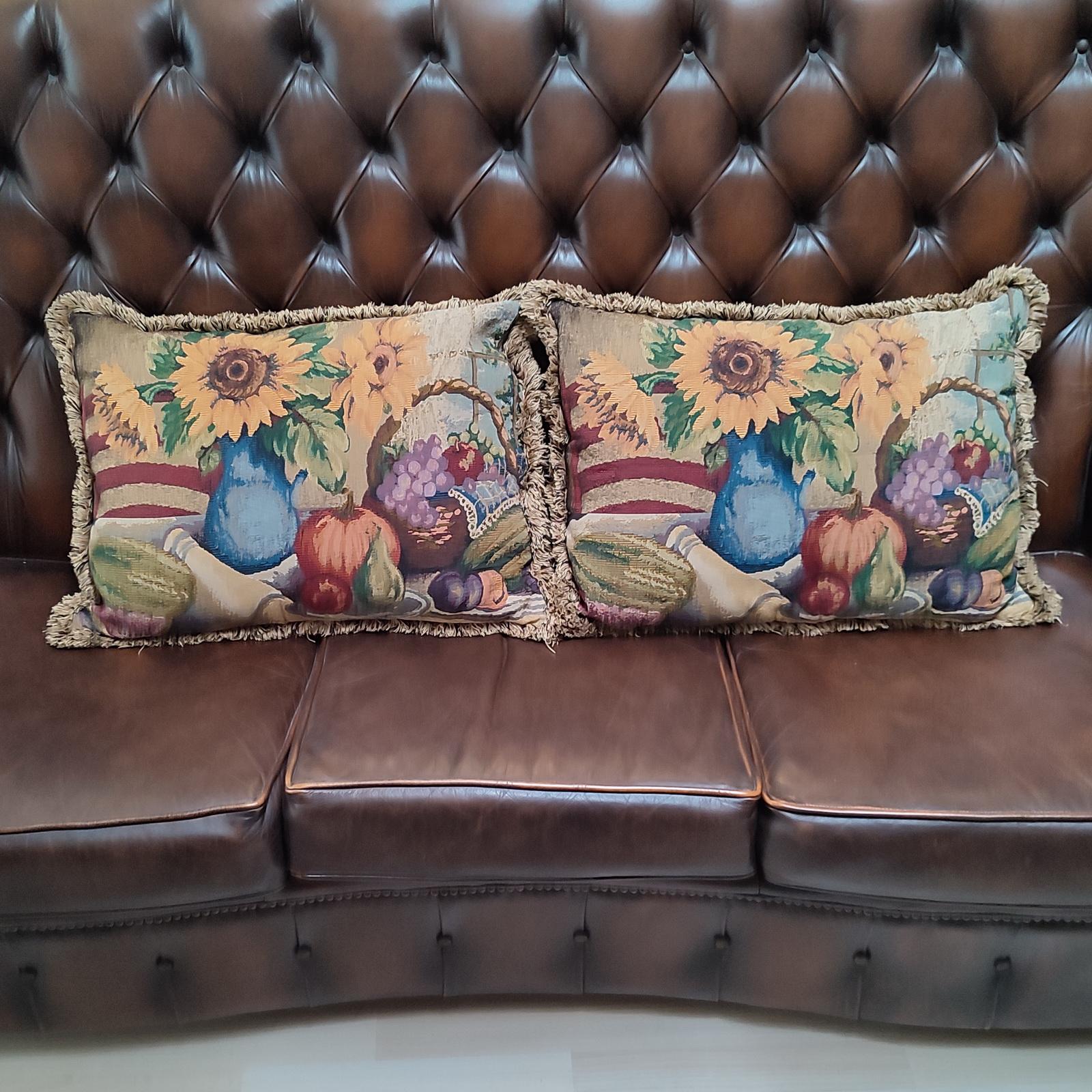 Van Gogh paintings style pair of vintage pillows made of Jacquard fabric with sun flower and basket fruits woven décor. Edge decorated with short tassels. Two pairs available. Backside made of dark brown wool. Very good used condition, some wear to