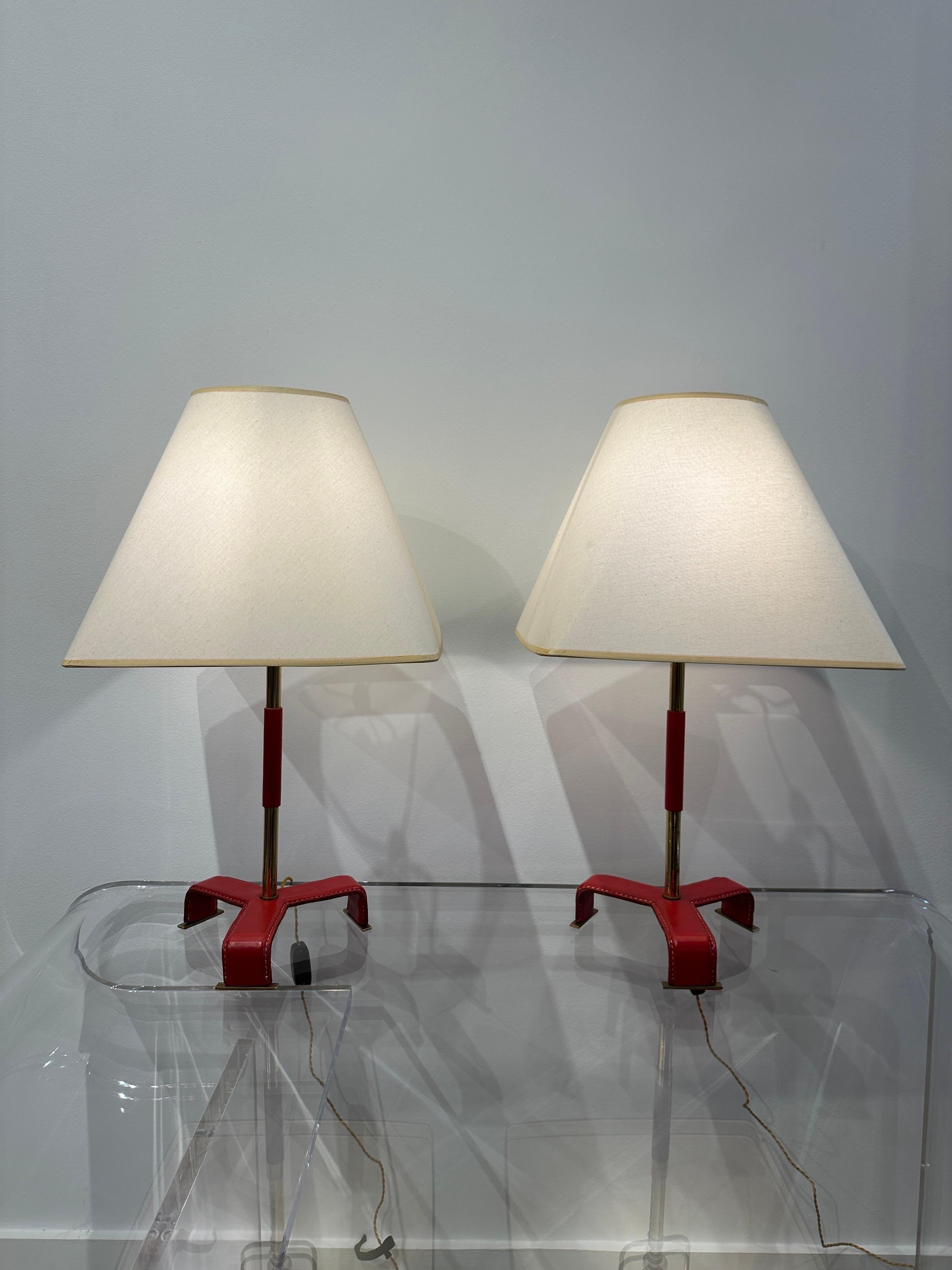 Vintage Pair of Jacques Adnet style Red Stitched Leather Table Lamps, 1950's For Sale 3