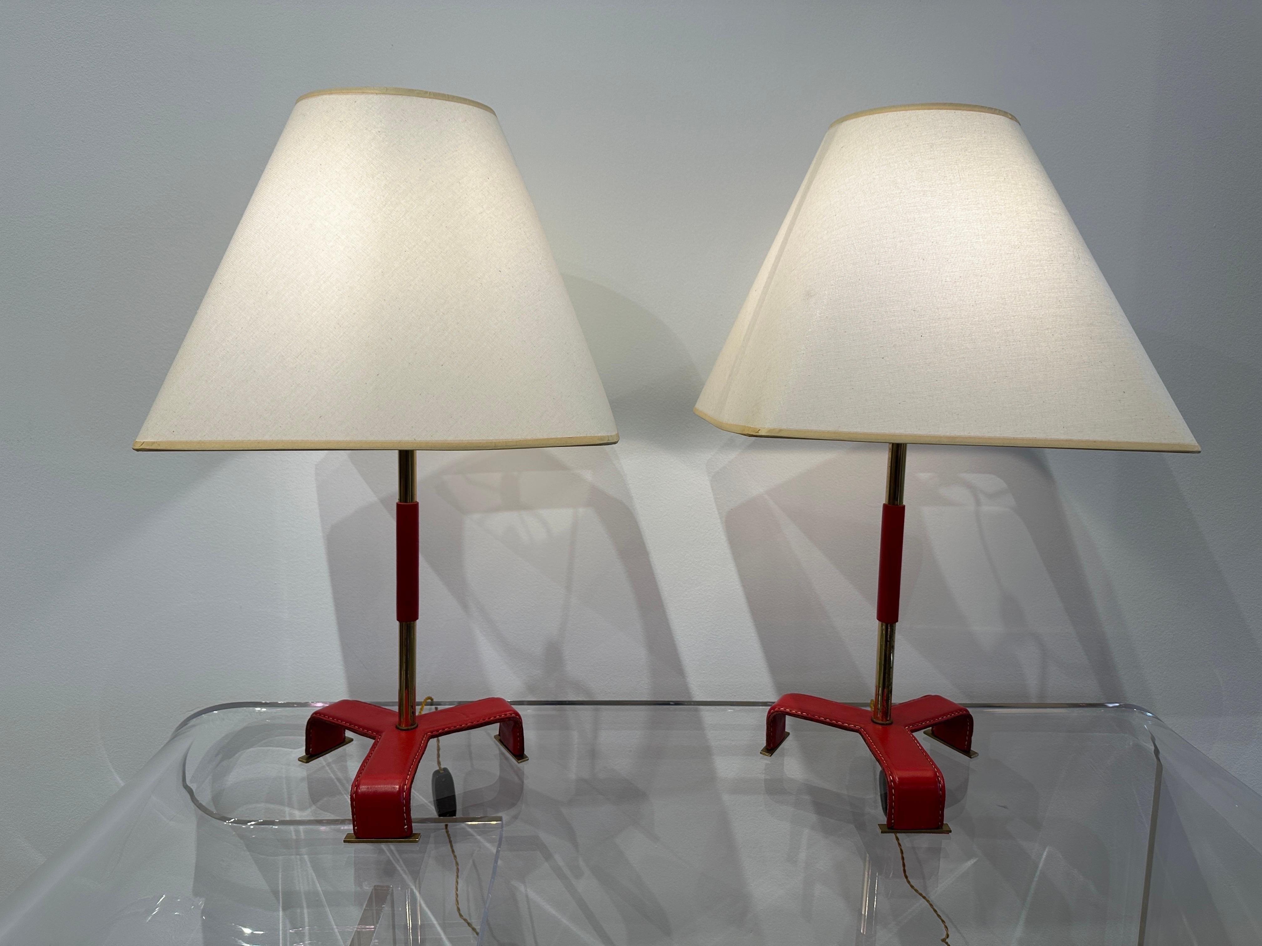 Vintage Pair of Jacques Adnet style Red Stitched Leather Table Lamps, 1950's For Sale 5