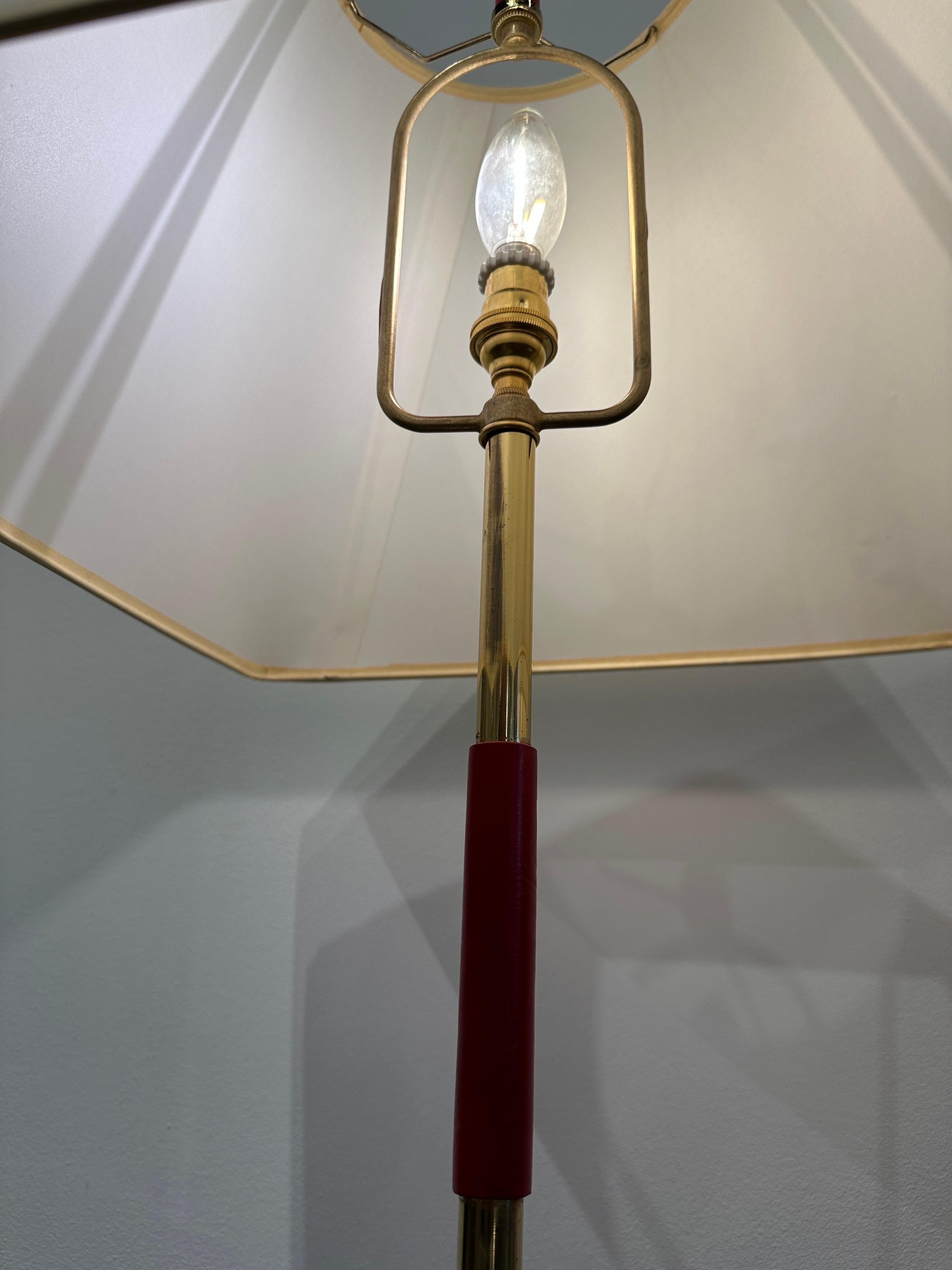 Brass Vintage Pair of Jacques Adnet style Red Stitched Leather Table Lamps, 1950's For Sale