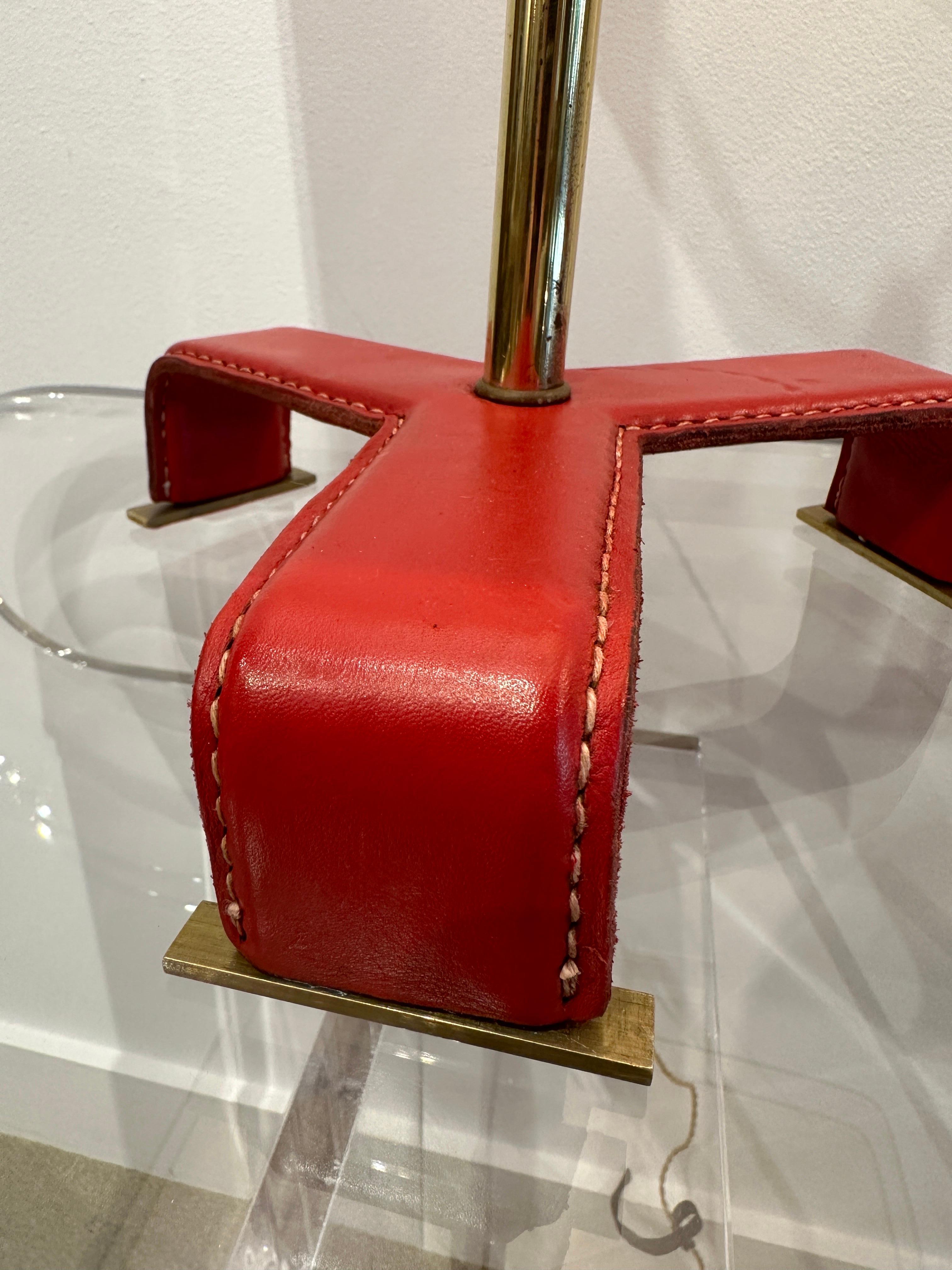 Vintage Pair of Jacques Adnet style Red Stitched Leather Table Lamps, 1950's For Sale 2
