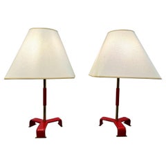 Vintage Pair of Jacques Adnet style Red Stitched Leather Table Lamps, 1950's