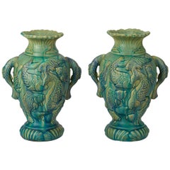 Vintage Pair of Japanese Moulded Carp Pottery Vases, 20th Century