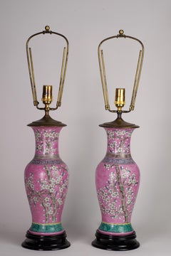 Vintage Pair of Japanese Pink Ceramic Table Lamps, Cherry Blossoms Decor