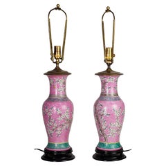 Vintage Pair of Japanese Pink Ceramic Table Lamps, Cherry Blossoms Decor