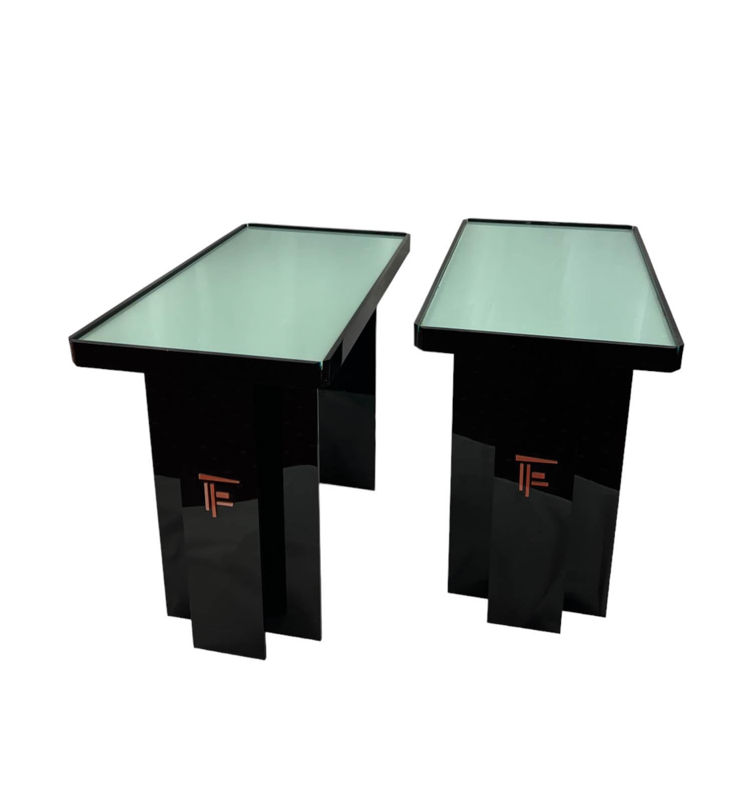 North American Vintage Pair of Japanese Style Accent/Side Tables With Glass Top