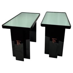 Vintage Pair of Japanese Style Accent/Side Tables With Glass Top
