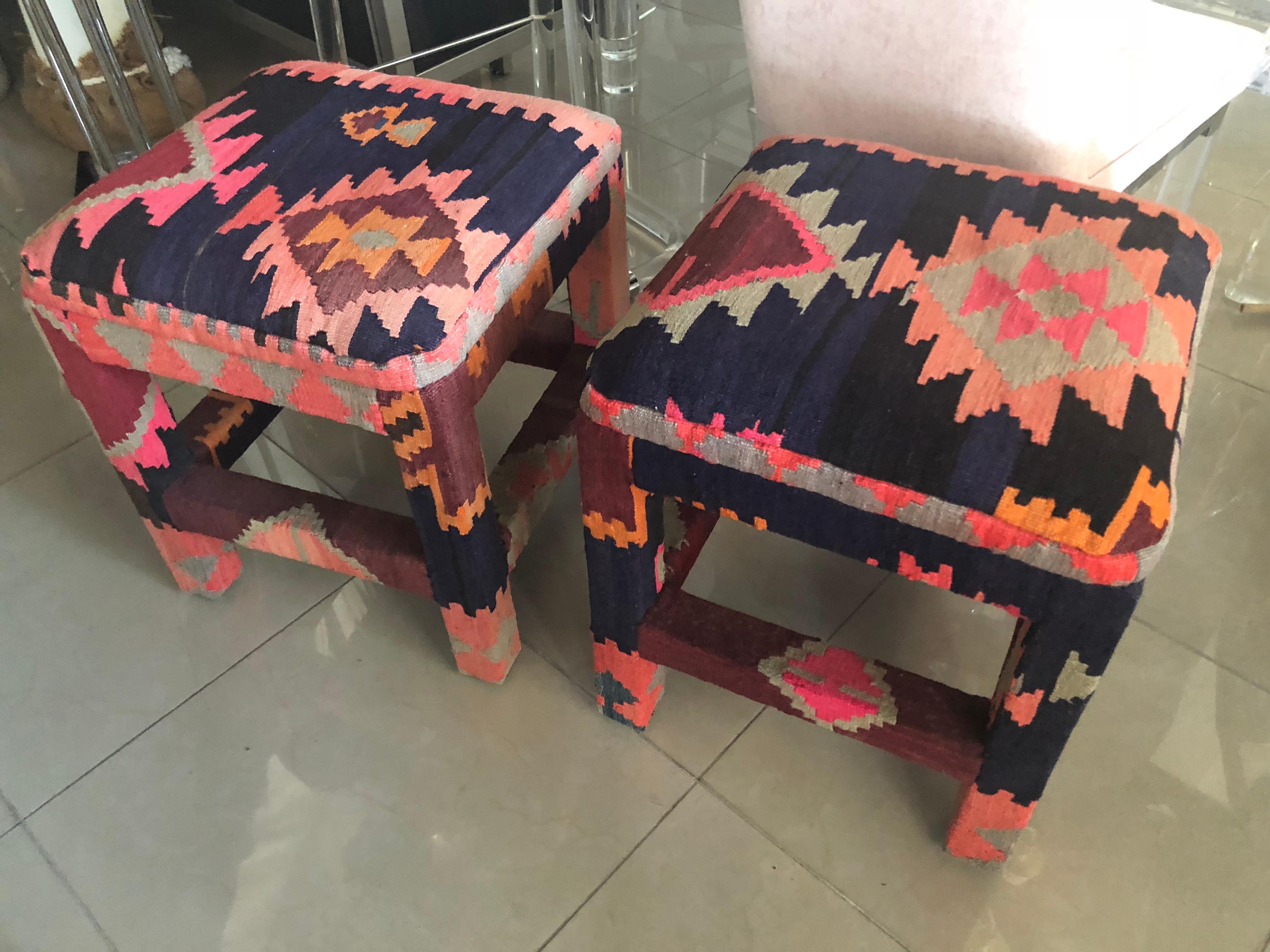 Vintage Pair of Kilim Rug Boho Benches Stools Ottomans 1