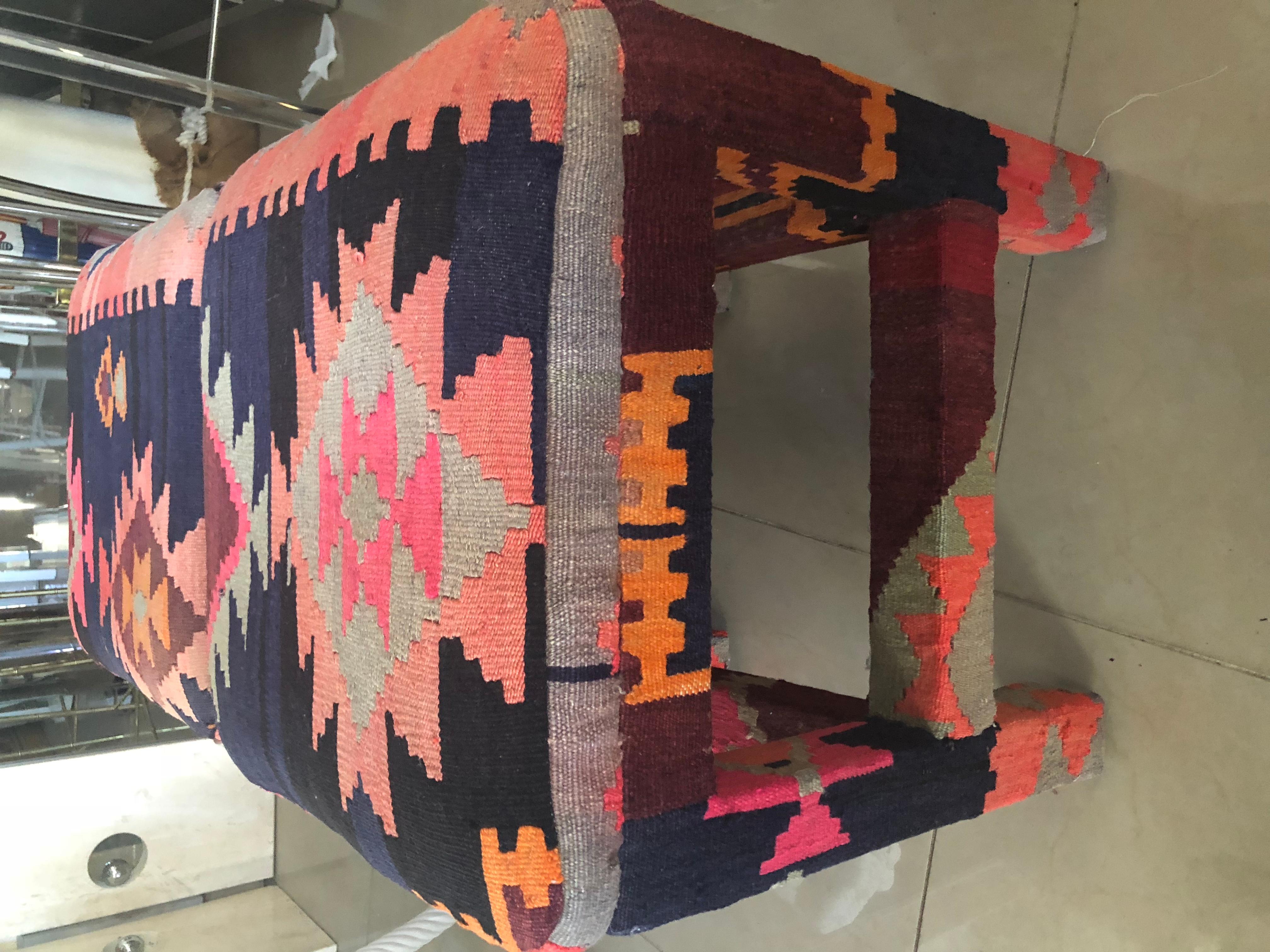 Bohemian Vintage Pair of Kilim Rug Boho Benches Stools Ottomans