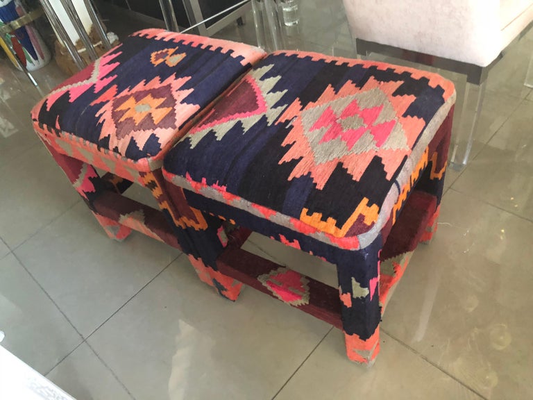 Vintage Pair Of Kilim Rug Boho Benches Stools Ottomans For Sale At