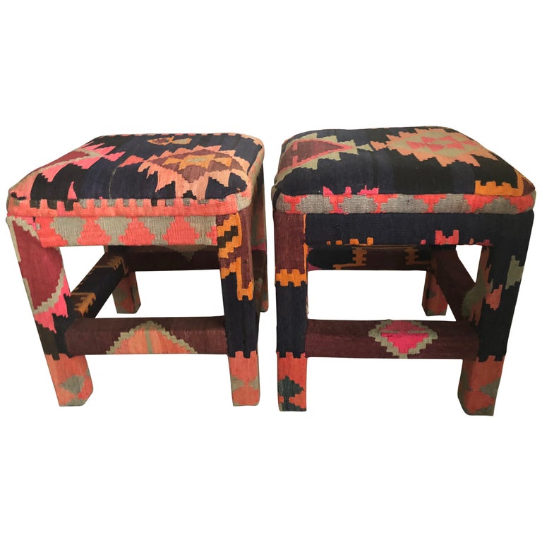 Vintage Pair Of Kilim Rug Boho Benches Stools Ottomans For Sale At 1stdibs