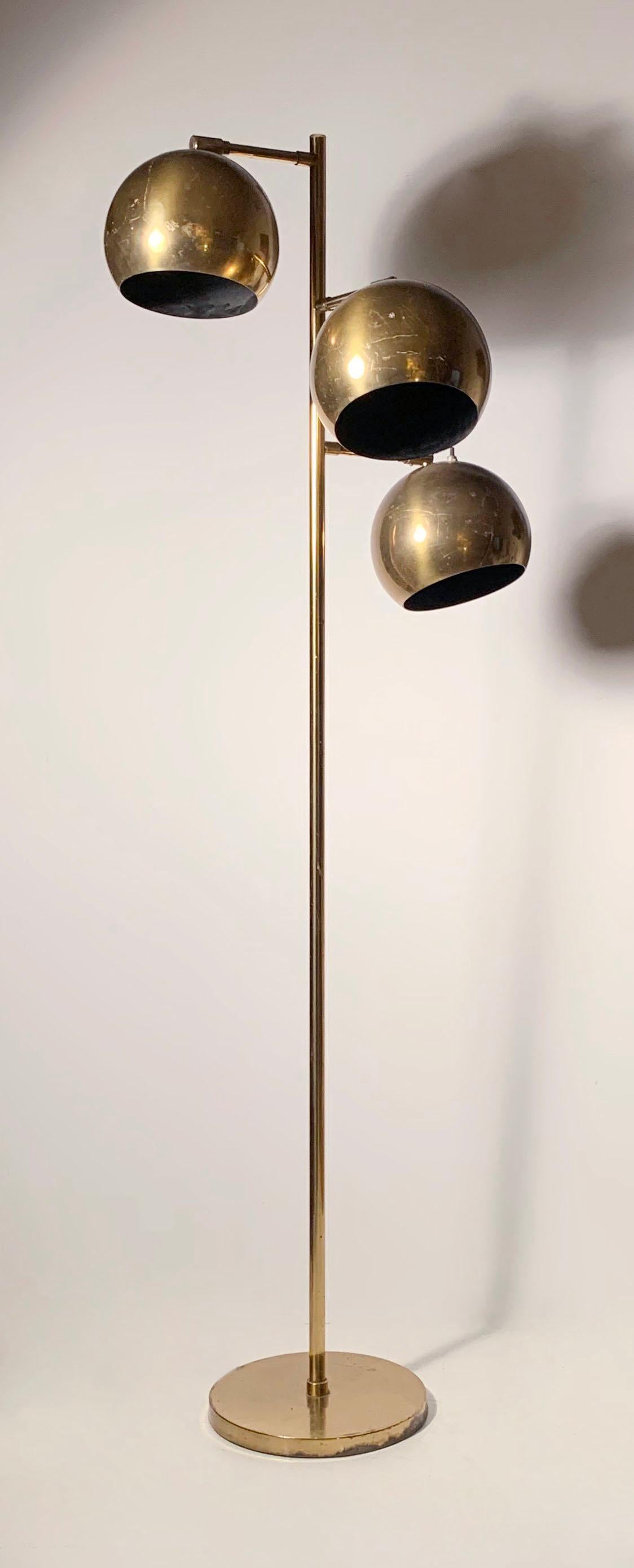 Vintage PAIR of Koch & Lowy Brass Triple Ball Articulating Floor Lamp
Manner of Angelo Lelli for Arredoluce

some mild denting on shades where they turn against the joint. 
Base has mild rust commensurate with age. 
overall in good vintage