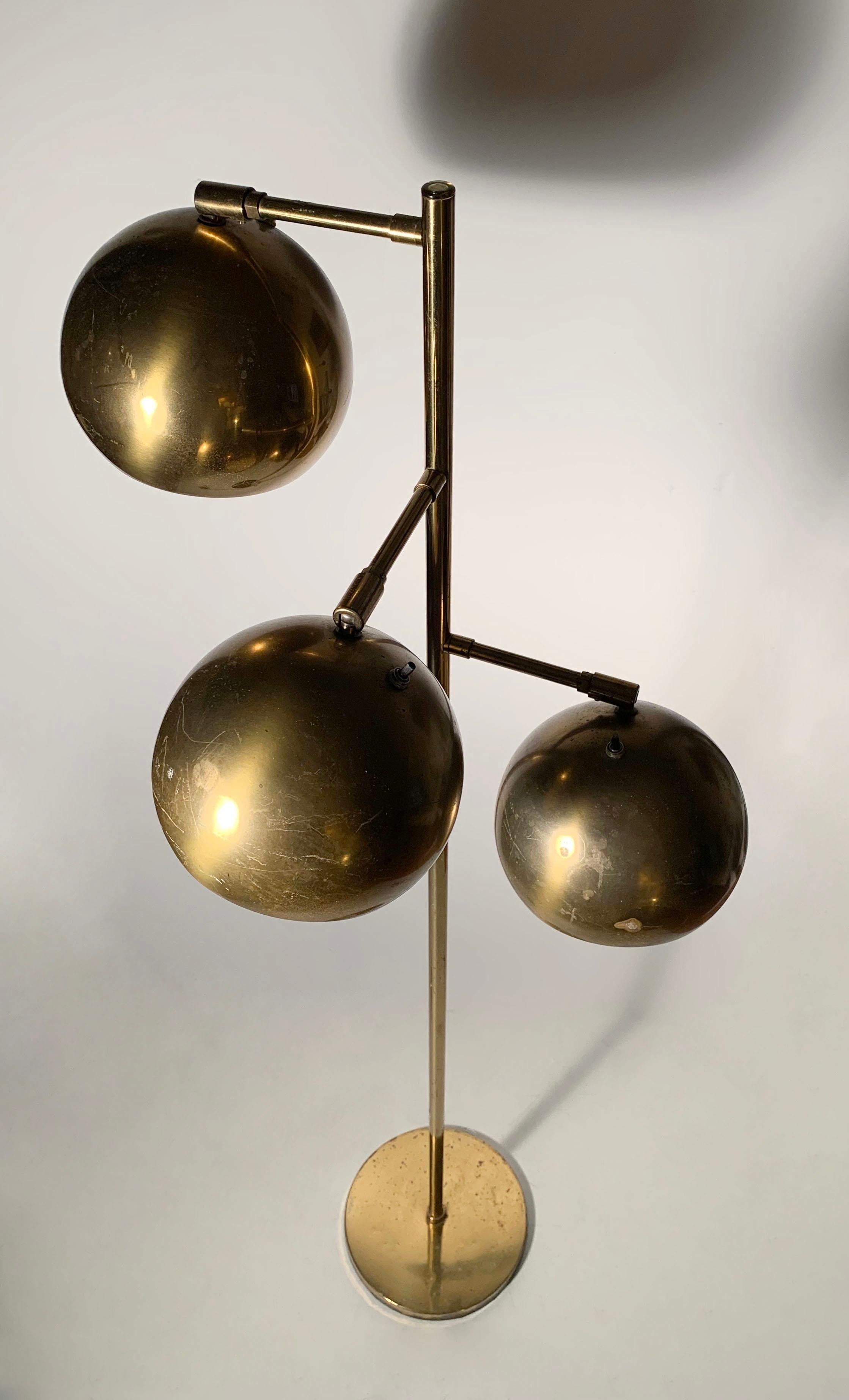 Mid-Century Modern Vintage PAIR of Koch & Lowy Brass Triple Ball Articulating Floor Lamp For Sale