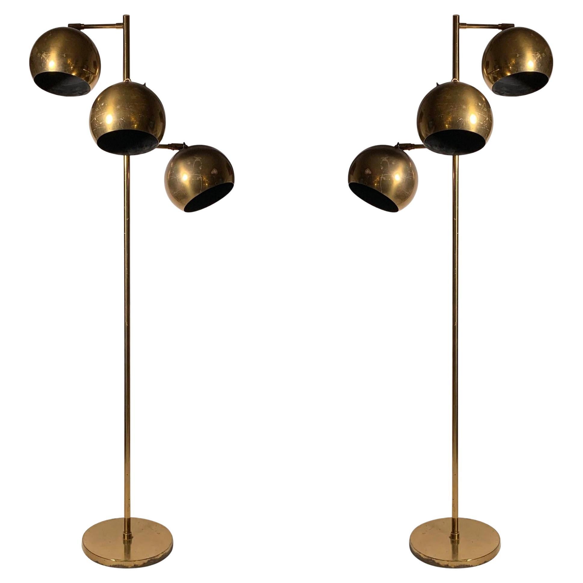 Vintage PAIR of Koch & Lowy Brass Triple Ball Articulating Floor Lamp