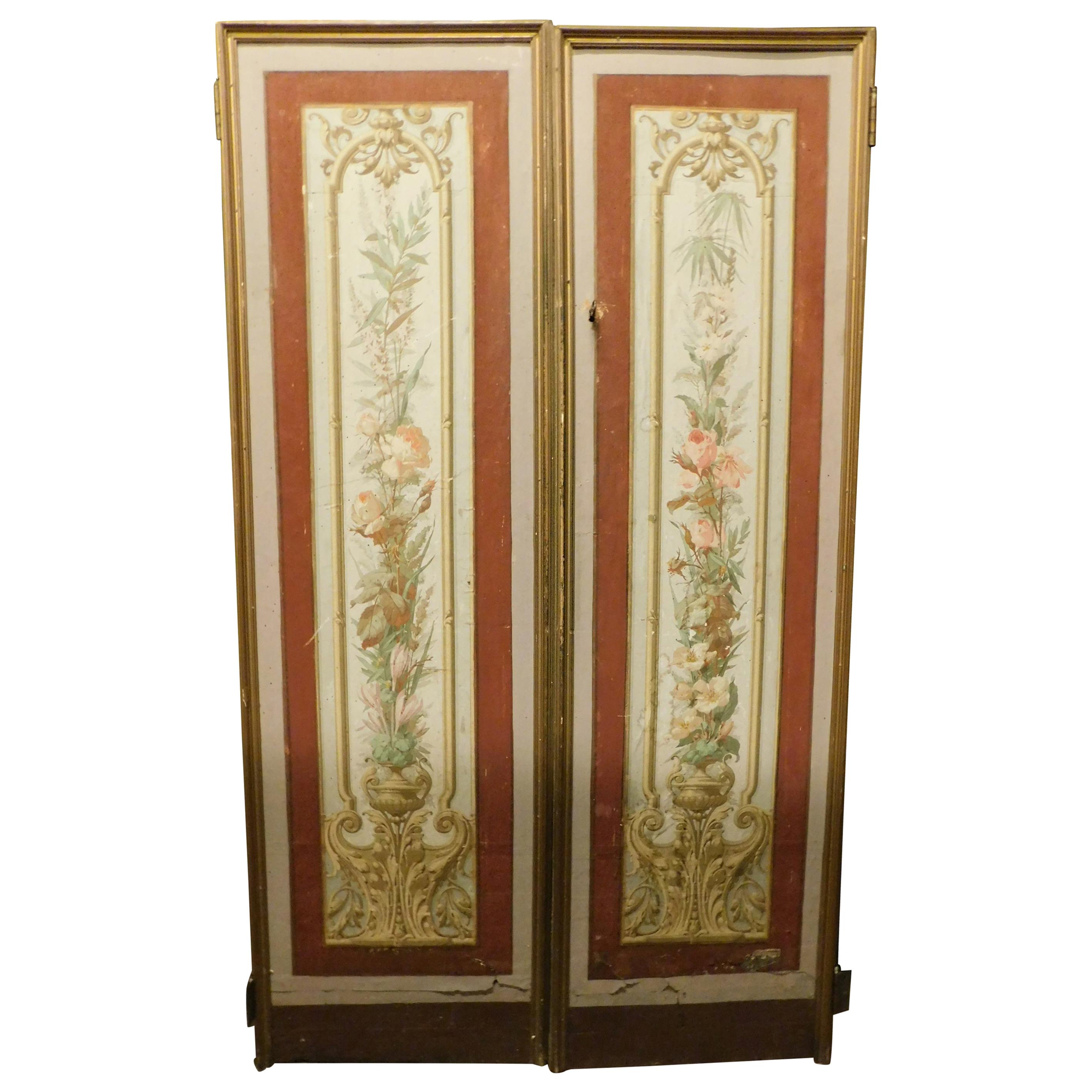 Paar lackierte und bemalte Vintage-Türen, Jugendstil, Freiheit, Anfang 1900, Paar