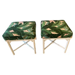 Vintage Pair of Lacquered Faux Bamboo Upholstered Banana Leaf Pink Benches