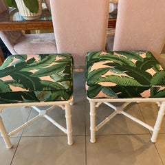 Vintage Pair of Lacquered Faux Bamboo Upholstered Banana Leaf Pink Benches