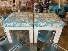 Vintage Pair of Lacquered Fretwork Fret Upholstered Chinoiserie Benches Stools
