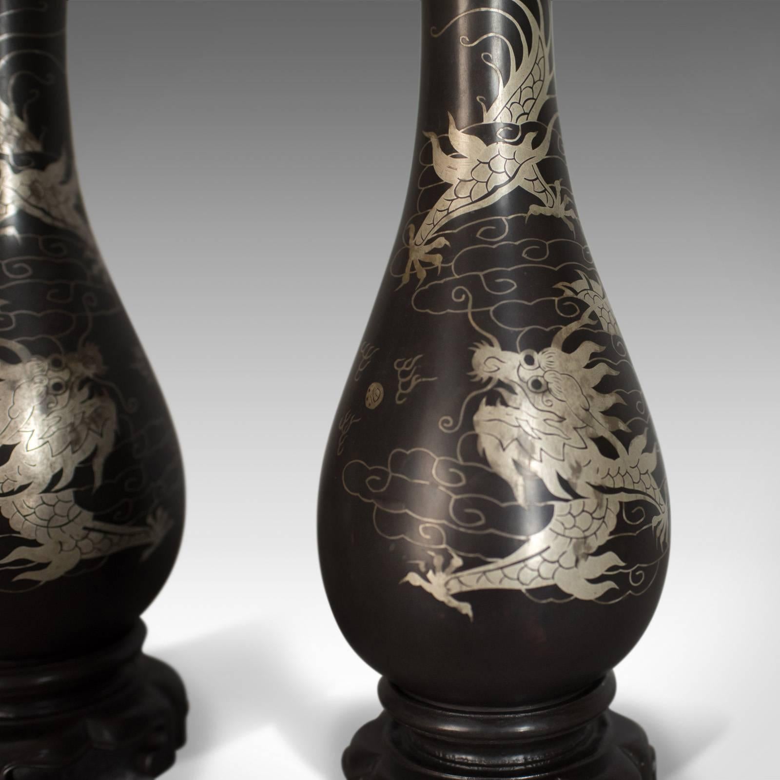 Chinese Export Vintage Pair of Lacquerware Vases, Chinese, 'Bodiless', Stem, Silver on Black