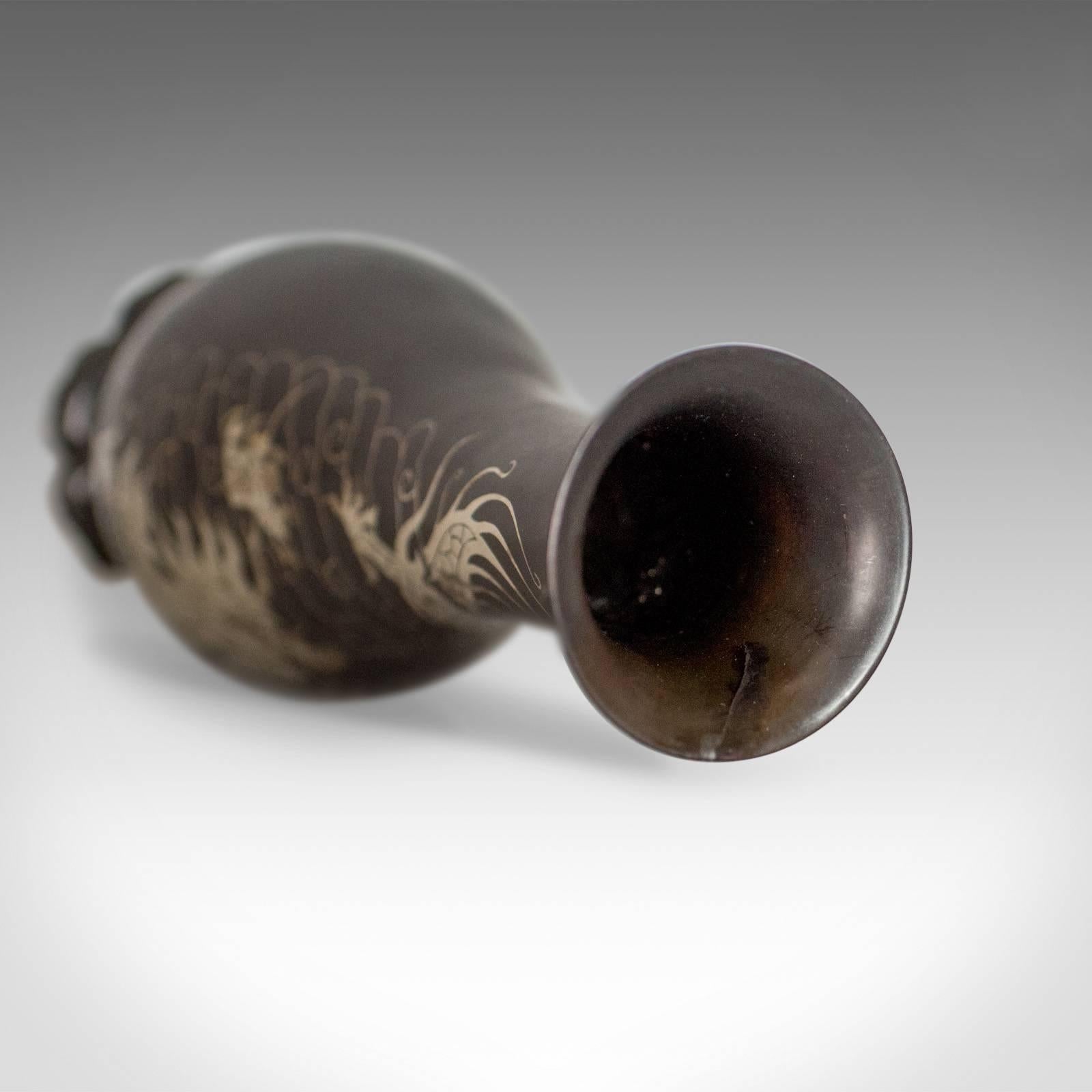 20th Century Vintage Pair of Lacquerware Vases, Chinese, 'Bodiless', Stem, Silver on Black