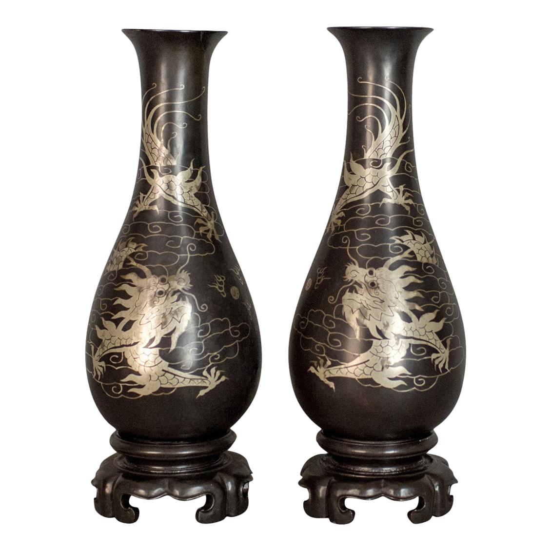 Vintage Pair of Lacquerware Vases, Chinese, 'Bodiless', Stem, Silver on Black