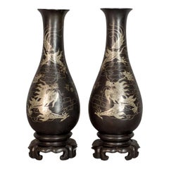 Vintage Pair of Lacquerware Vases, Chinese, 'Bodiless', Stem, Silver on Black