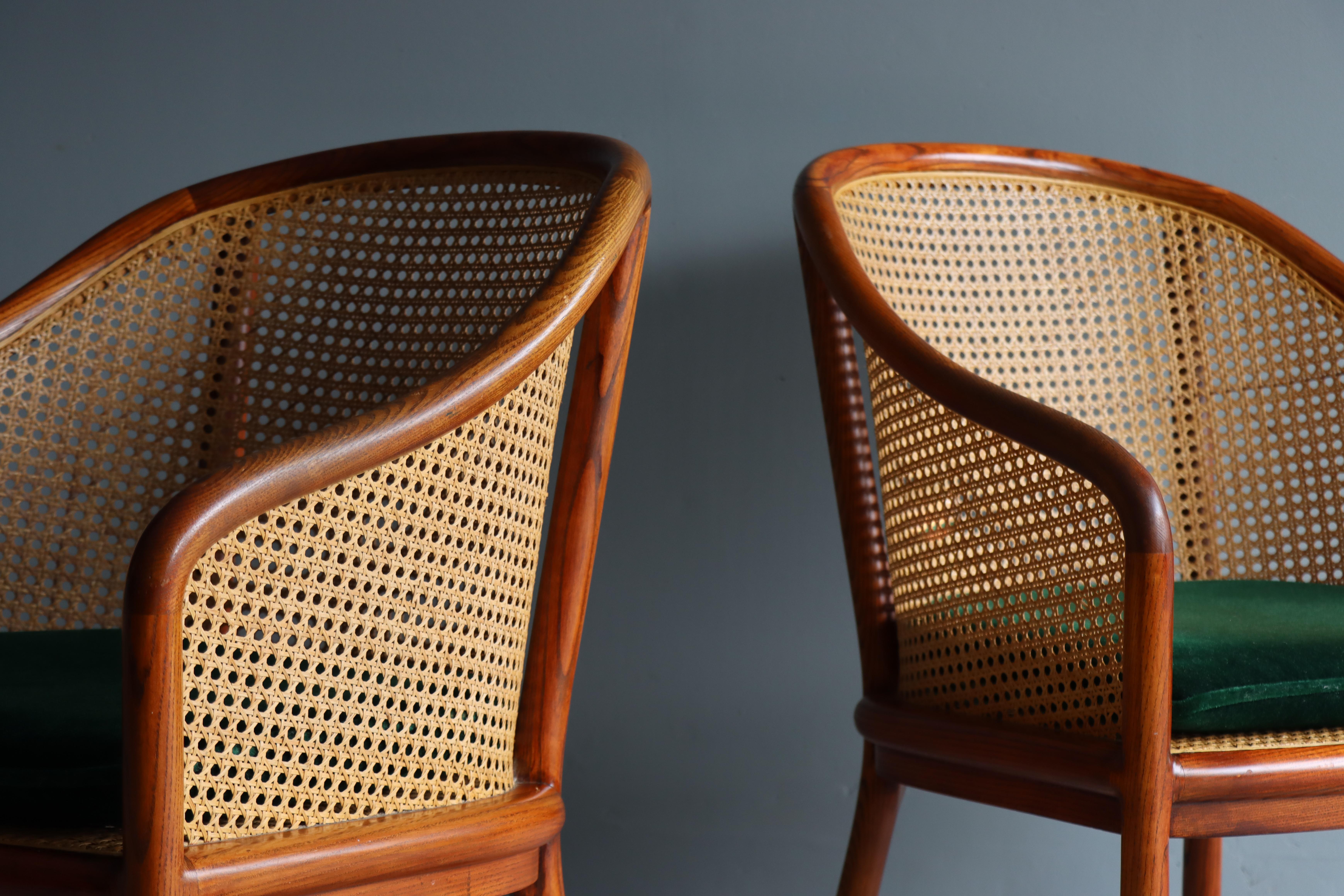 Hand-Crafted Vintage Pair of ‘Landmark’ Cane Chairs by Ward Bennett for Brickel, 1970, Mohair For Sale