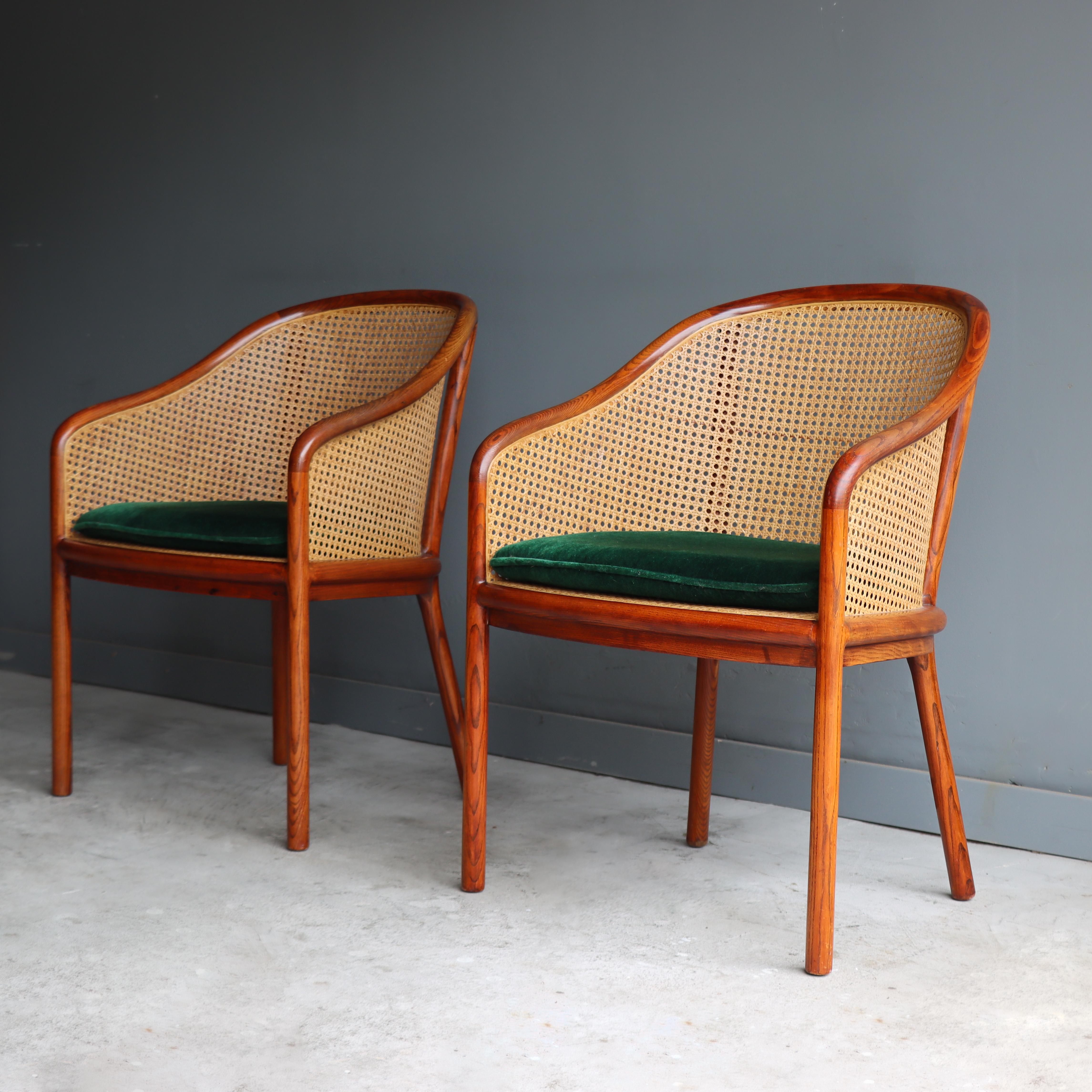 Vintage Pair of ‘Landmark’ Cane Chairs by Ward Bennett for Brickel, 1970, Mohair In Good Condition In Round Rock, TX