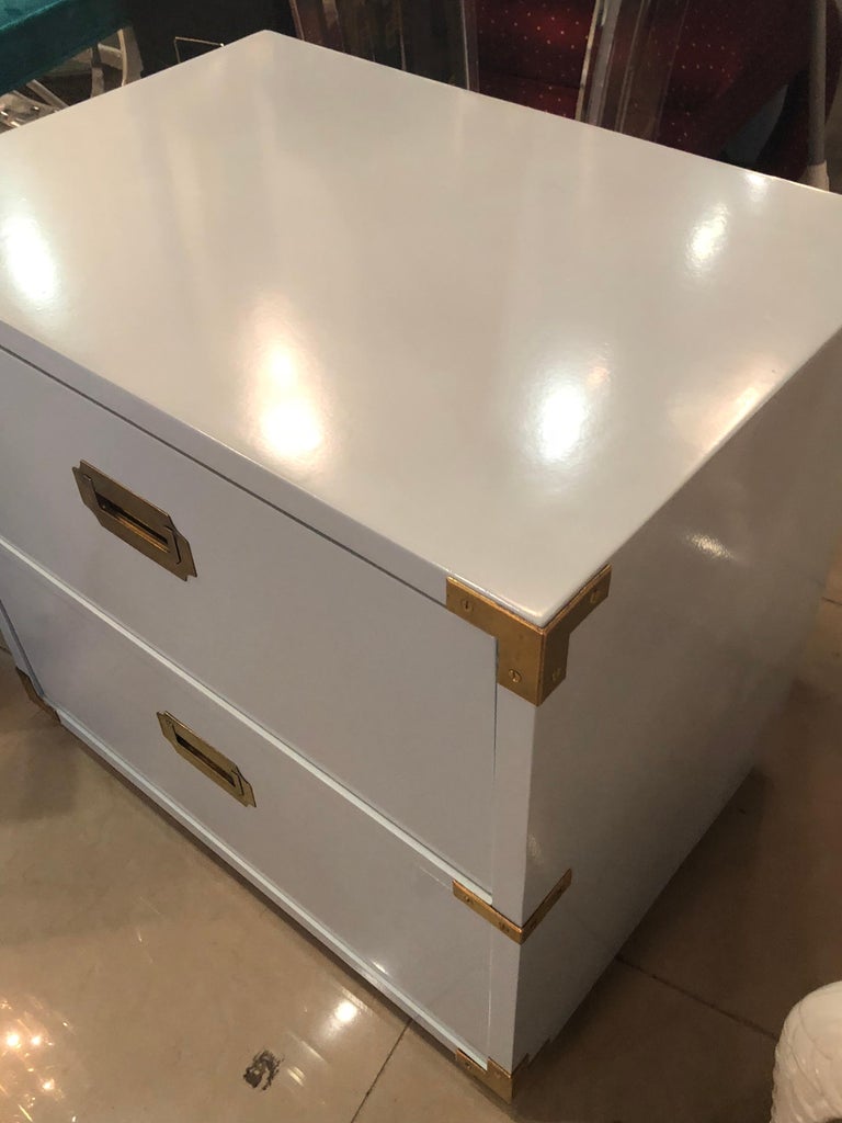 Vintage Pair of Lane Campaign Nightstands Chests Powder Blue Lacquered