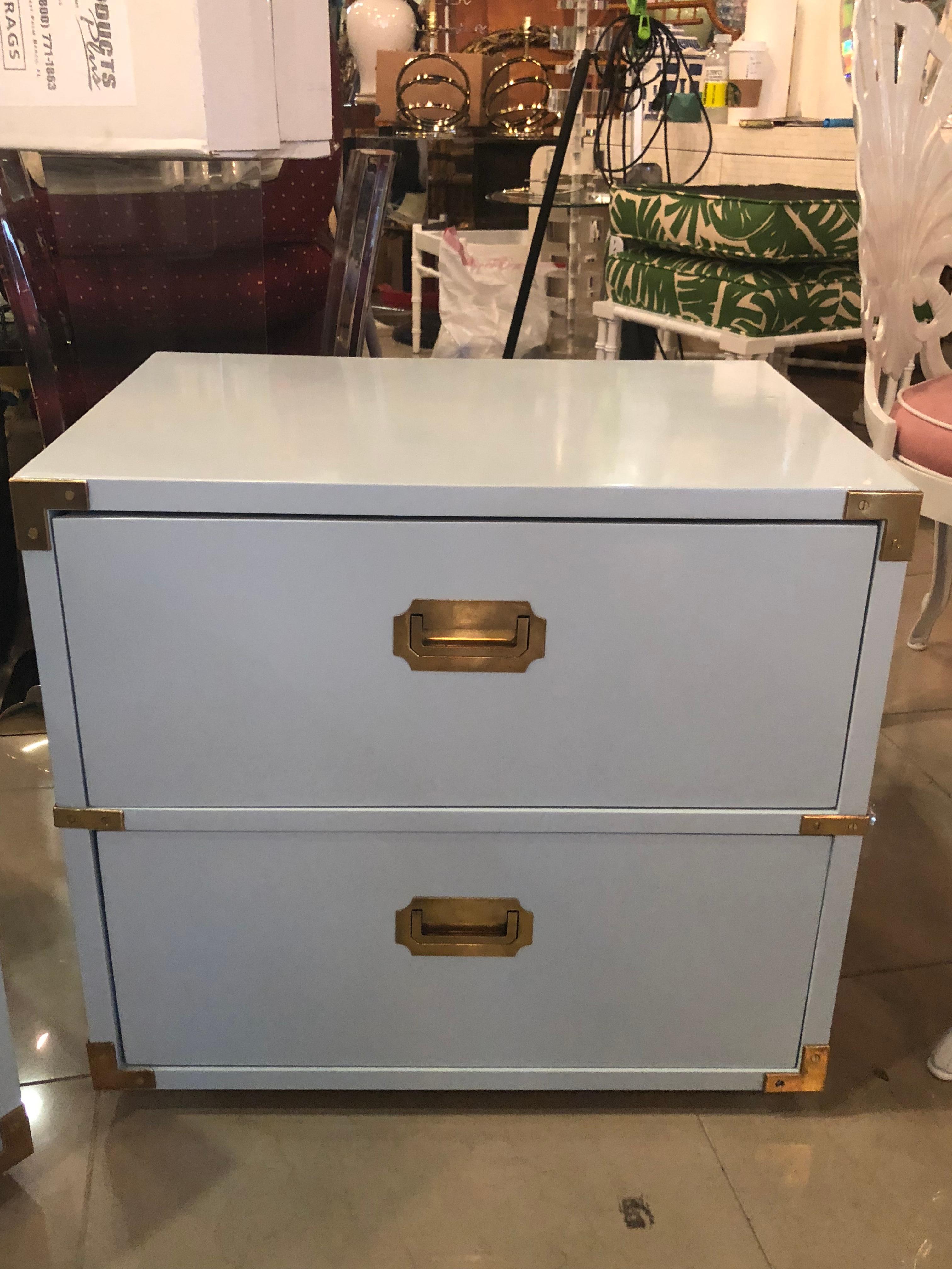 Late 20th Century Vintage Pair of Lane Campaign Nightstands Chests Powder Blue Lacquered Brass