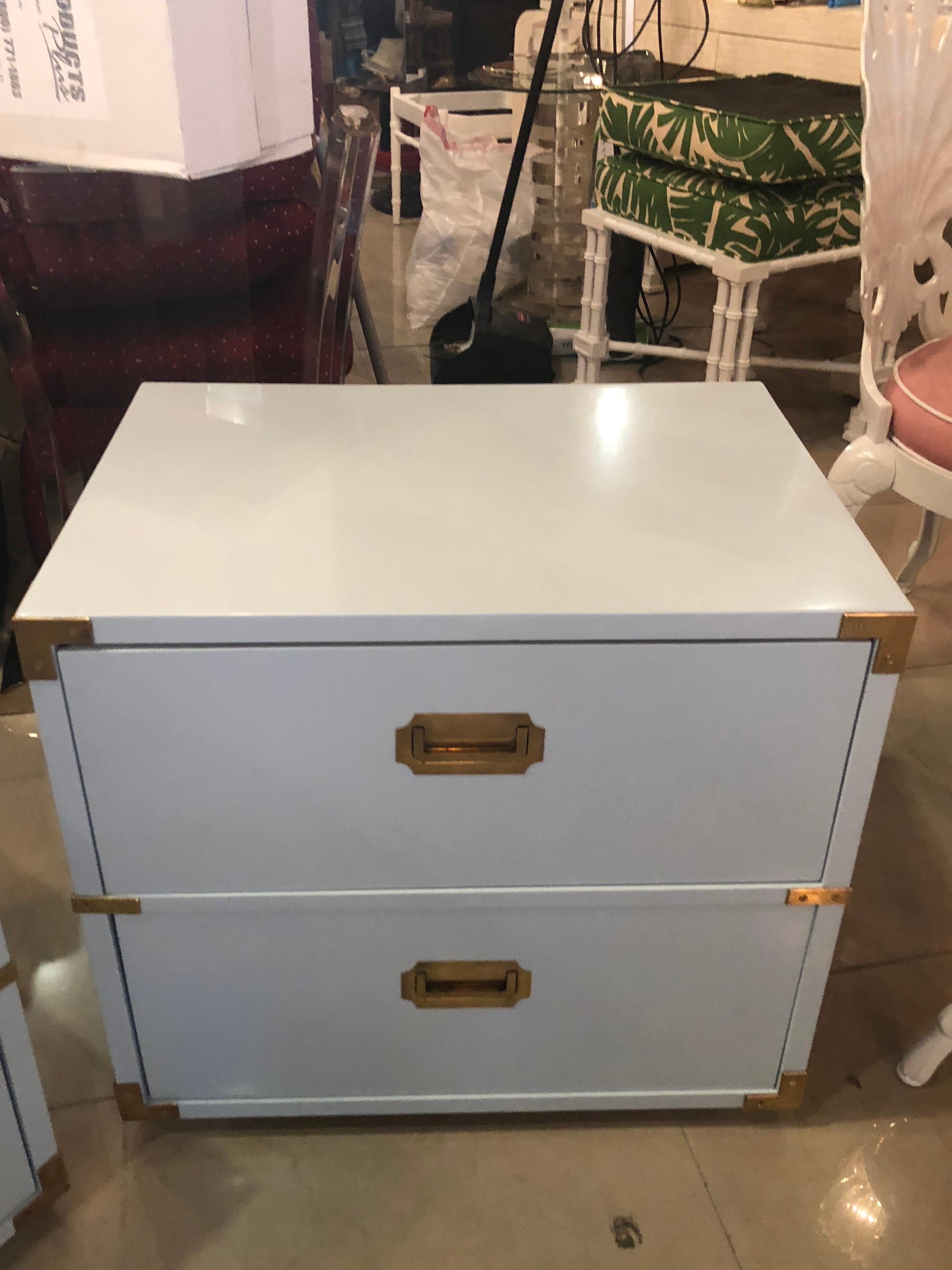 Vintage Pair of Lane Campaign Nightstands Chests Powder Blue Lacquered Brass 1