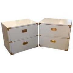 Vintage Pair of Lane Campaign Nightstands Chests Powder Blue Lacquered Brass