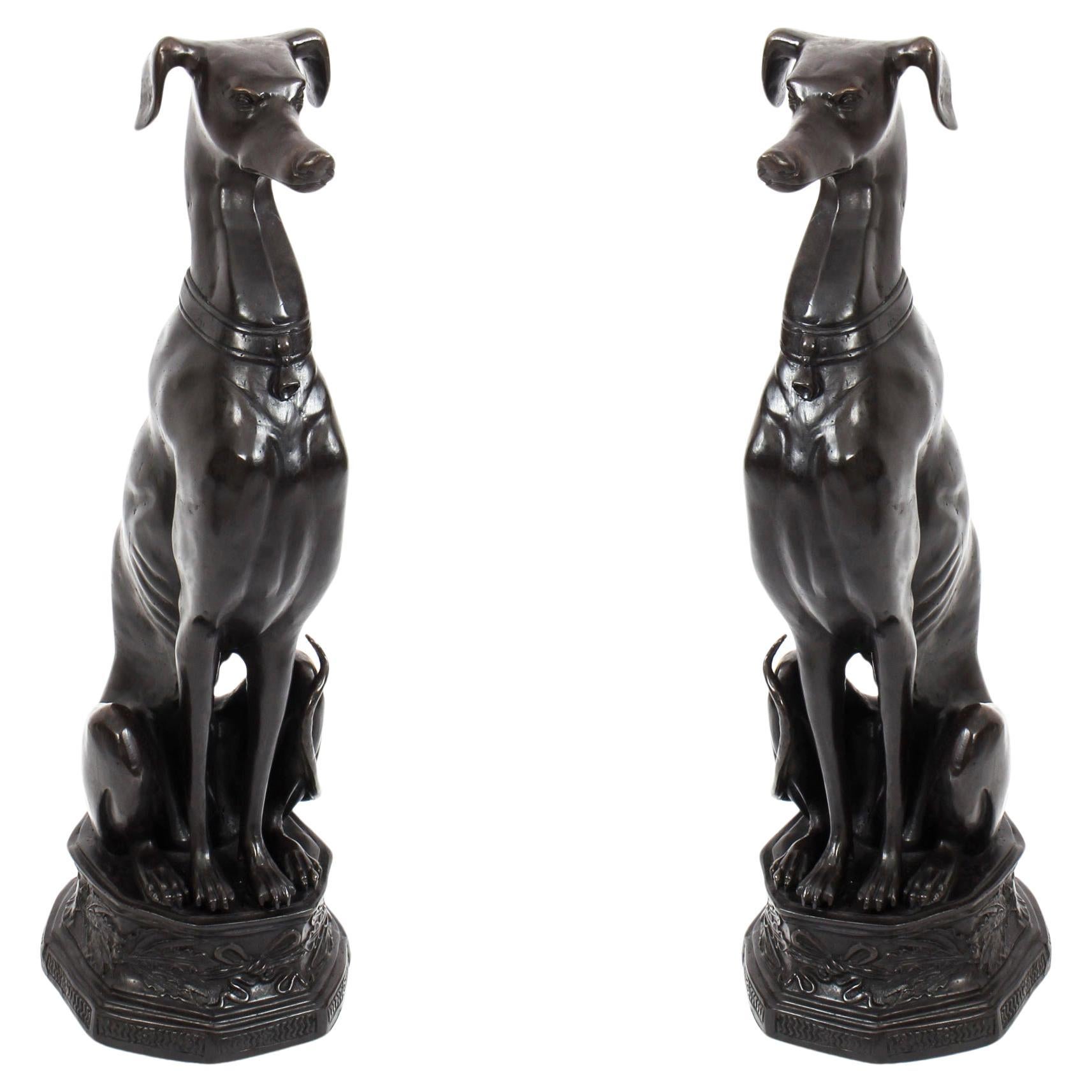 Vintage Pair of Large Art Deco Revival Bronze Seated Dogs 20th Century For Sale