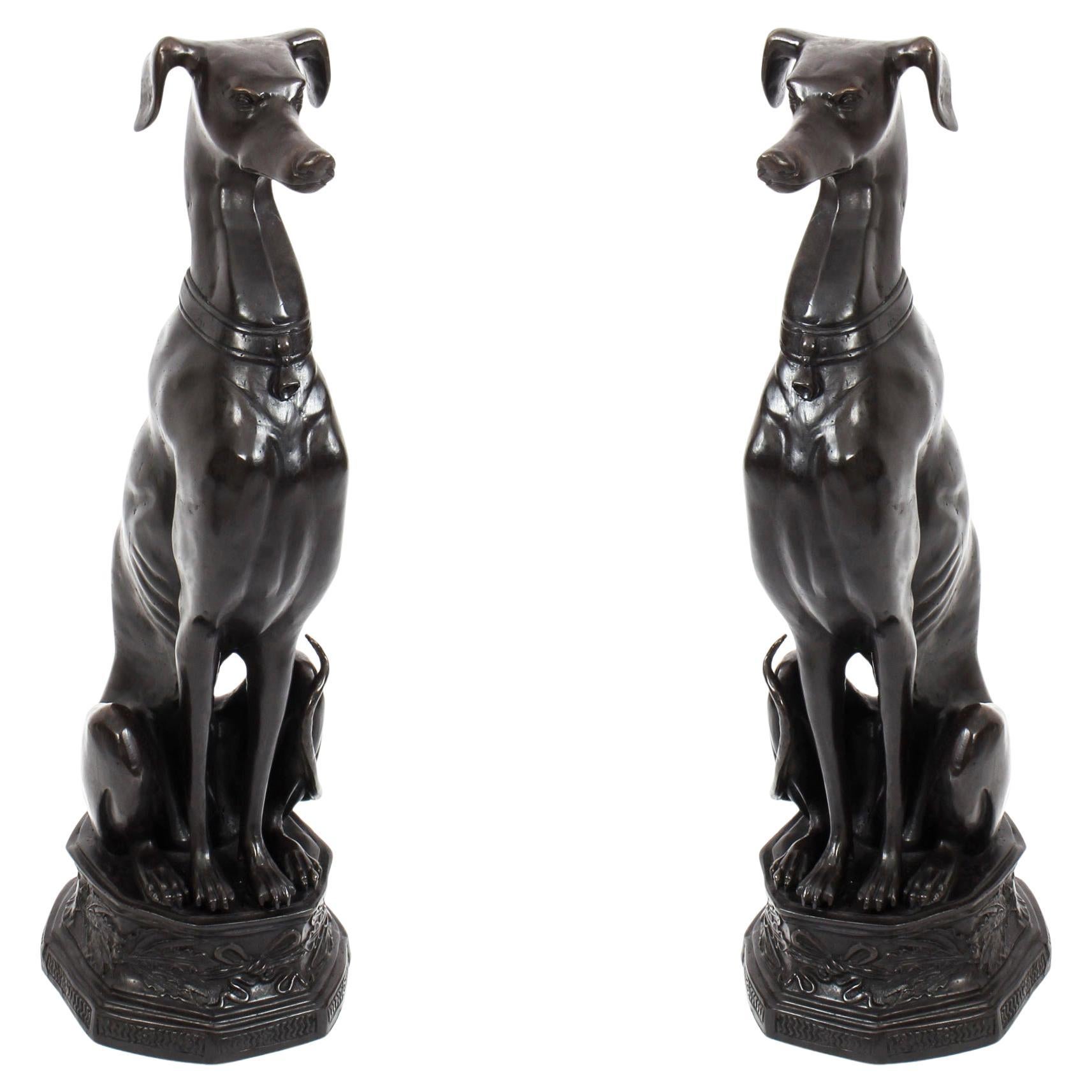 Vintage Pair of Large Art Deco Revival Bronze Seated Dogs 20th Century