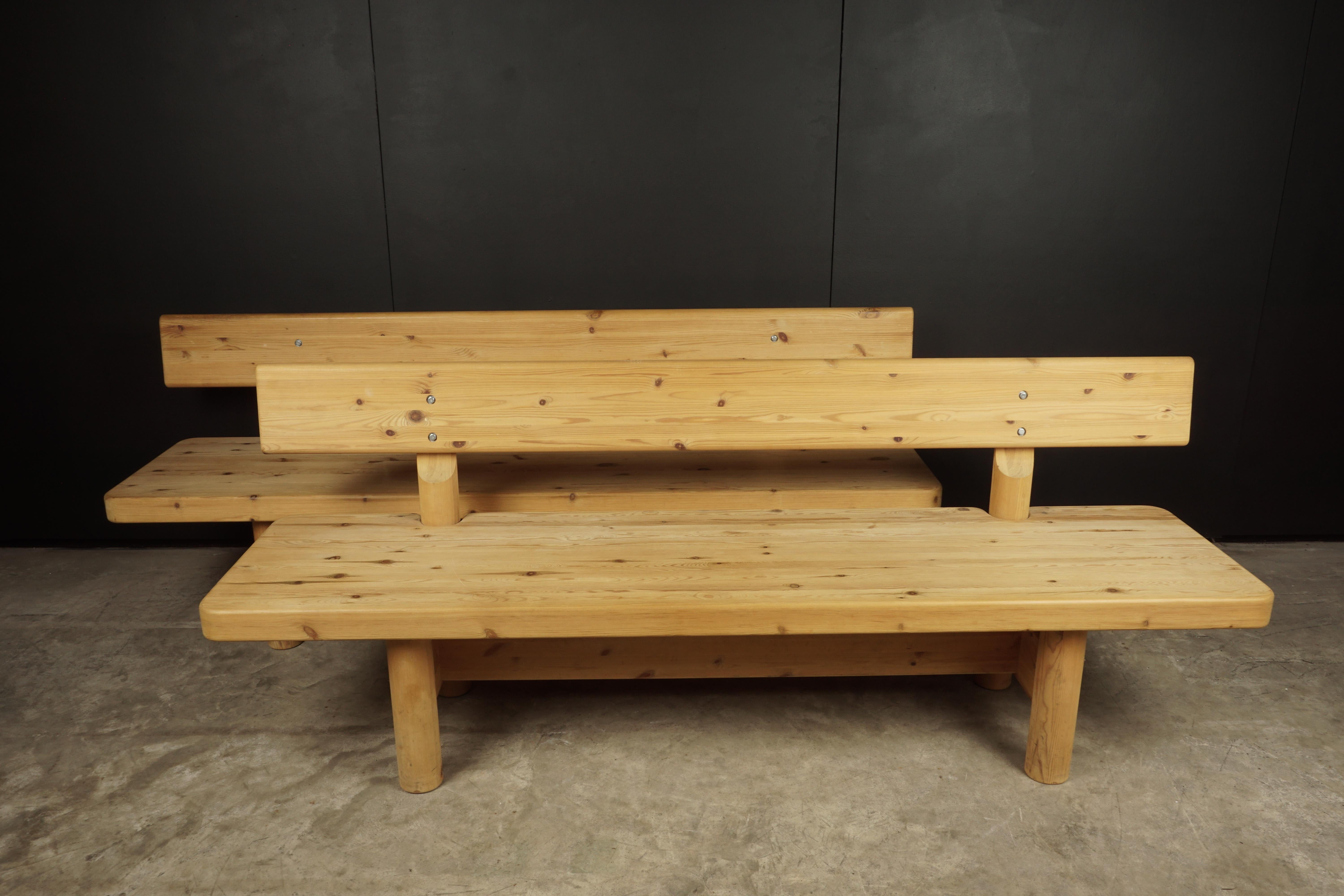 Vintage pair of large benches designed by Rainer Daumiller, Denmark, 1970s. Solid pine construction with light wear and patina. Manufactured by Hirtshals Savværk, Denmark.