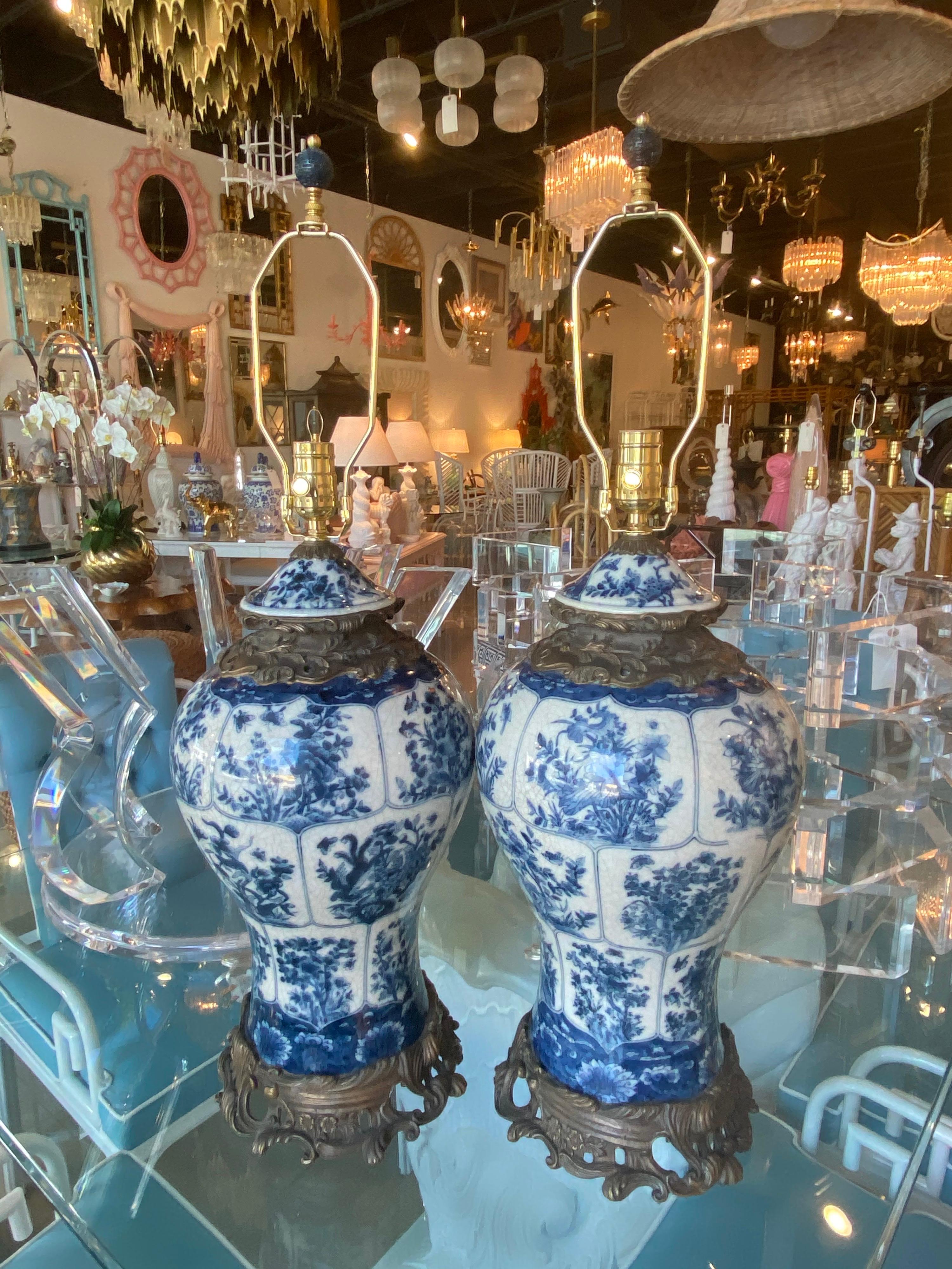 Brass Vintage Pair of Large Blue & White Porcelain Ginger Jar Table Lamps Newly Wired For Sale