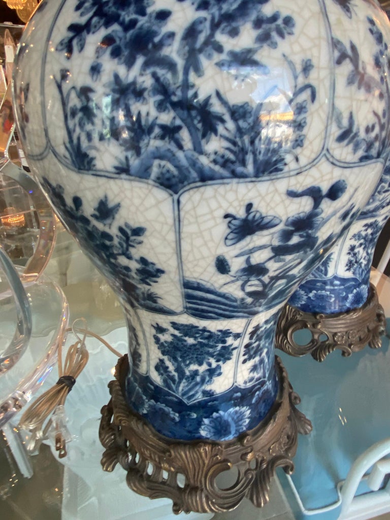 Chinoiserie Vintage Pair of Large Blue & White Porcelain Ginger Jar Table Lamps Newly Wired For Sale