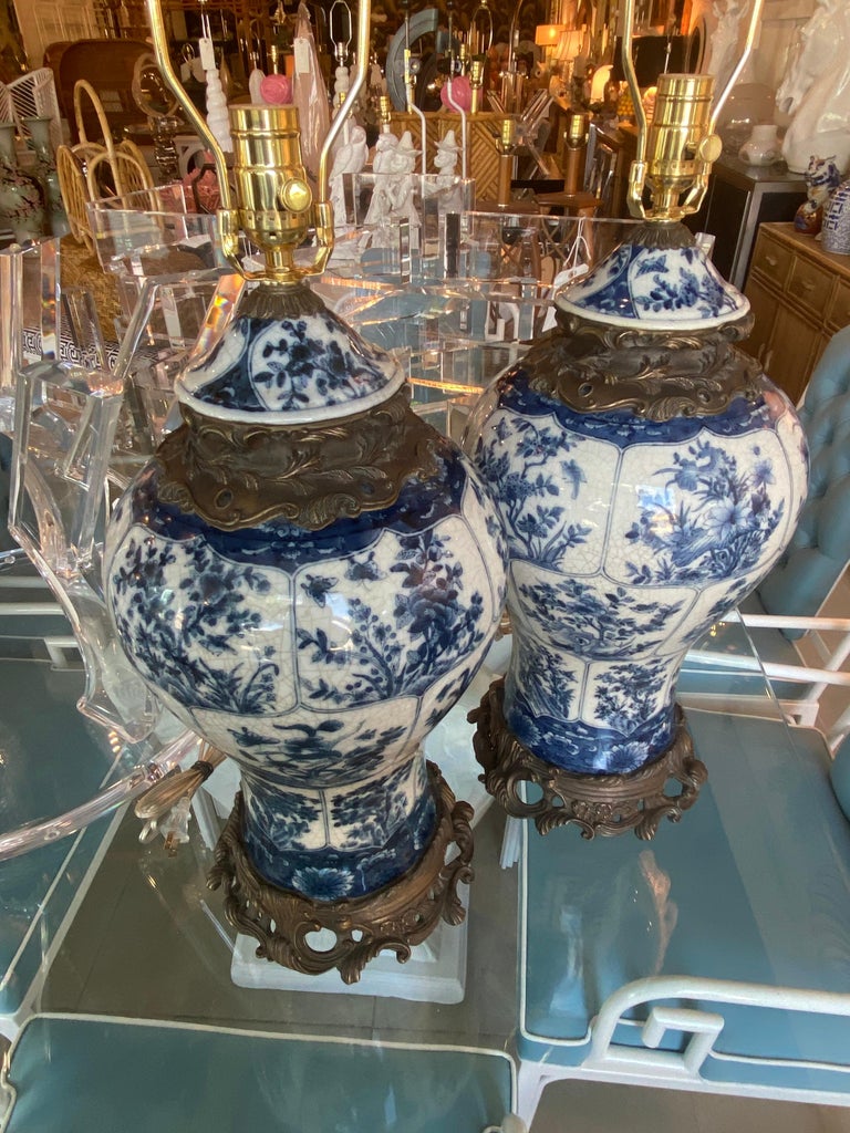 American Vintage Pair of Large Blue & White Porcelain Ginger Jar Table Lamps Newly Wired For Sale