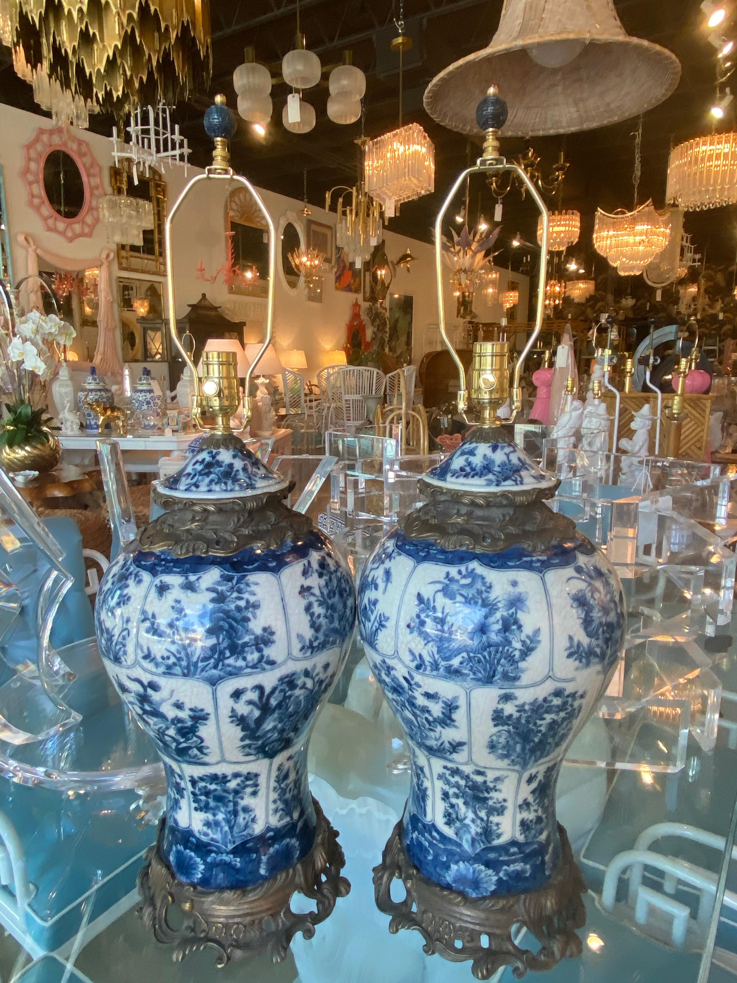 Late 20th Century Vintage Pair of Large Blue & White Porcelain Ginger Jar Table Lamps Newly Wired For Sale