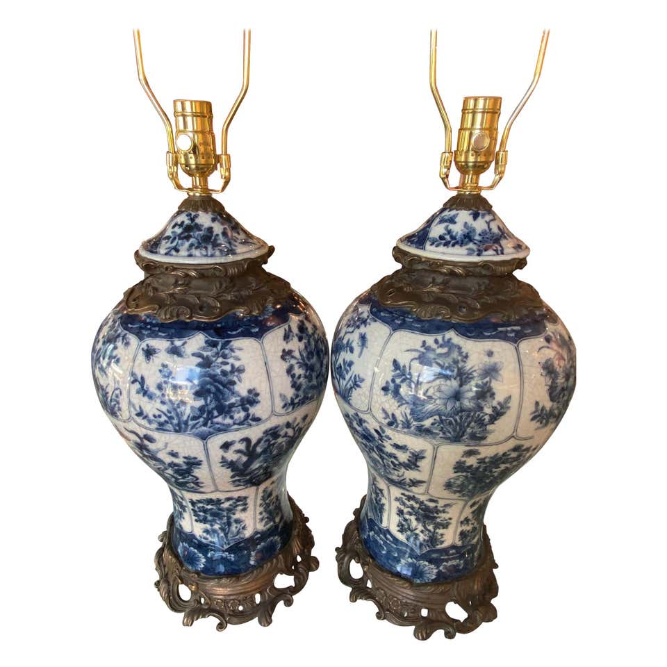 Vintage Regency Ralph Lauren Blue and White Foo Dog Ginger Jar Lamps, a ...