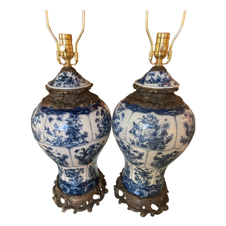 Vintage Pair of Large Blue & White Porcelain Ginger Jar Table Lamps Newly Wired For Sale