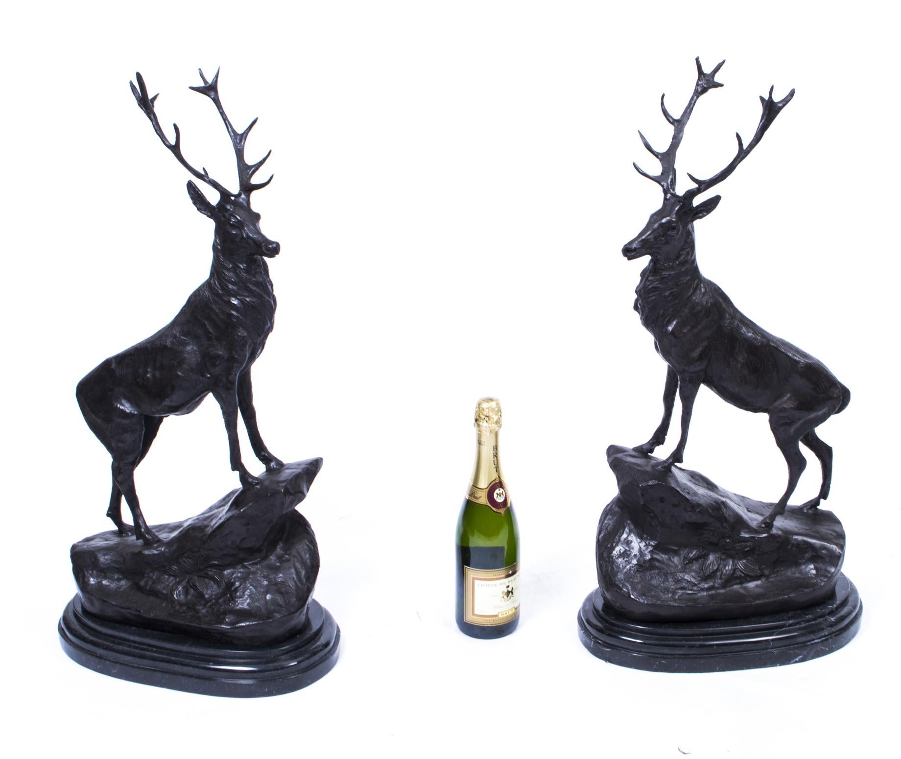 Vintage Pair of Large Bronze Stag Statuettes After Moigniez, 20th Centurry For Sale 12