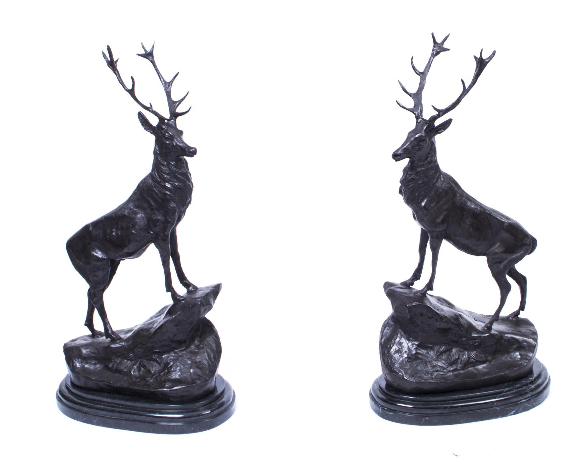 Vintage Pair of Large Bronze Stag Statuettes After Moigniez, 20th Centurry For Sale 13